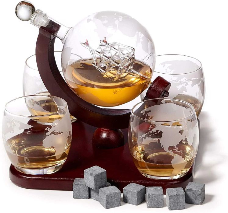 Стъклена бутилка глобус за алкохол с чаши диспенсър алкохол уиски вино