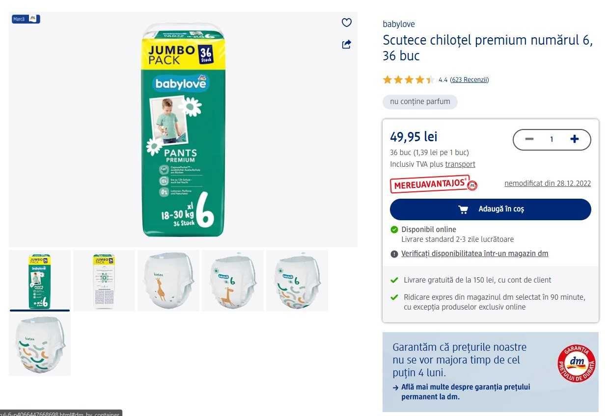 Scutece chilotel/pants DM marimea 6,  18+ kg, 60 buc