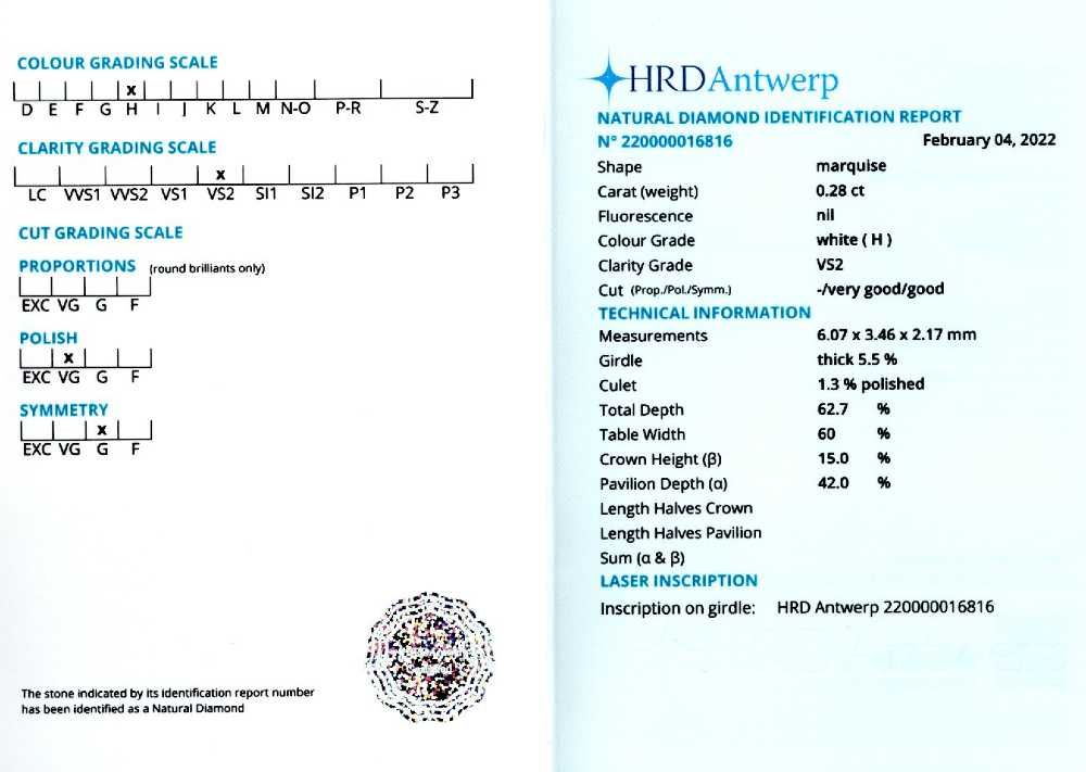 Diamante marquise nemontate 0,11-0,32 ct., HRD Antwerp(8861,9151,9472)