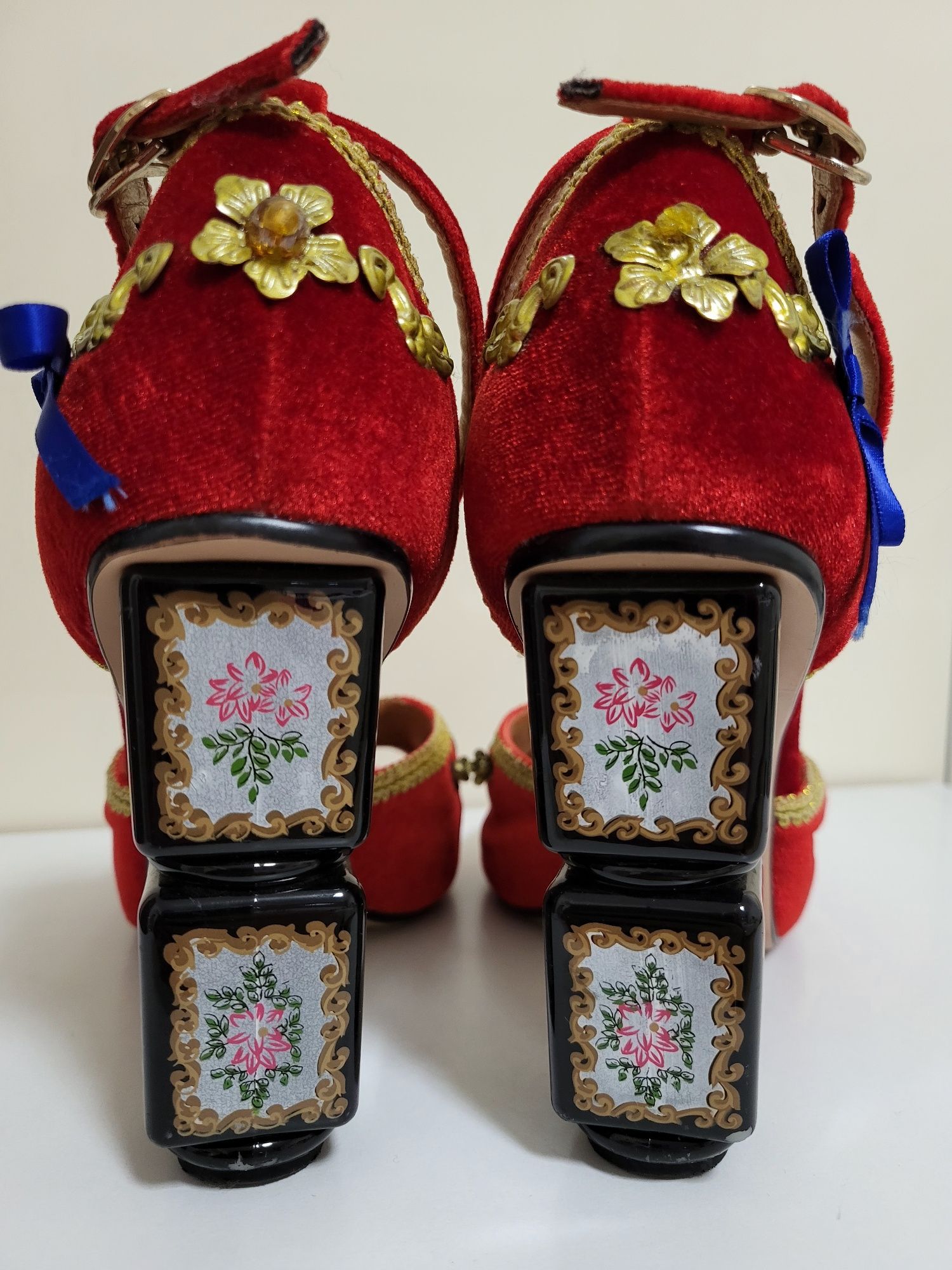 Sandale rosii vintage,  catifea,  piele naturala toc 10 cm