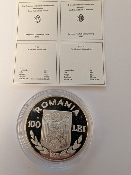 Moneda argint 100 Lei Campionatul European de Fotbal 1996 BNR