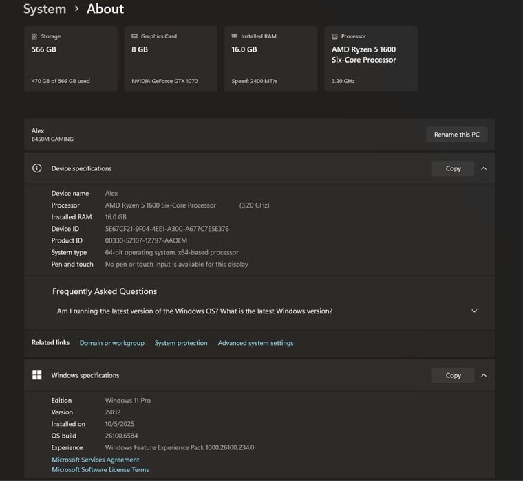 Desktop Gaming: Ryzen 5, 6 core, 16GB Ram , GTX1070