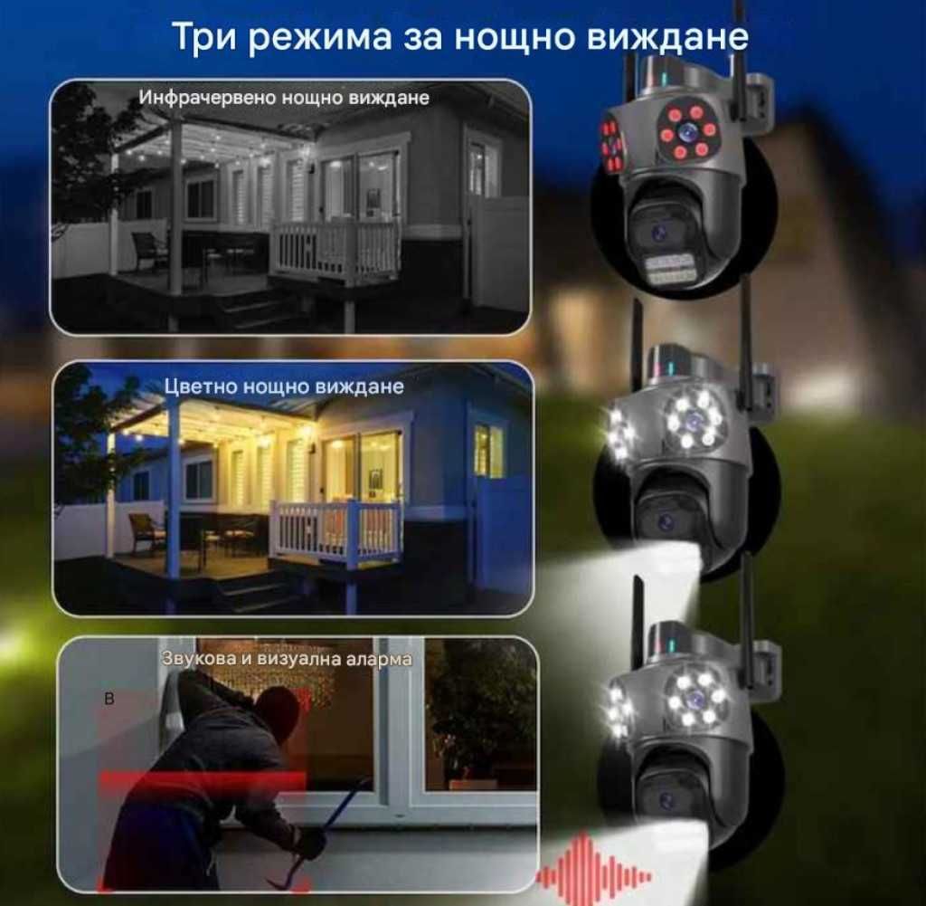 Тройна външна WiFi камера 9MP с аларма, 24 диода, iCSee, 64GB памет