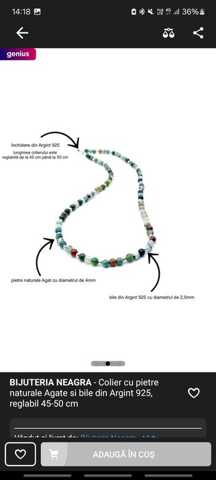 Lănțișor cu pietre agate și margele din argint sterling 925