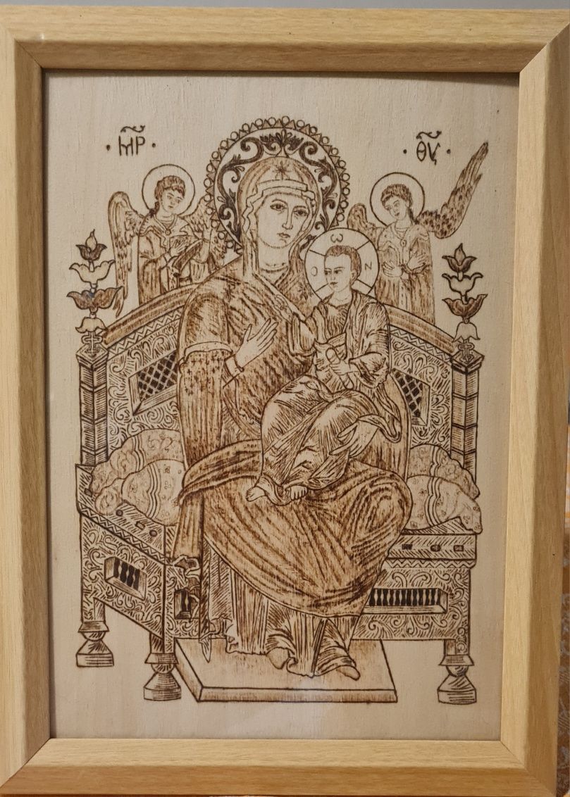 Икона Богородица Всецарица ръчна  пирография