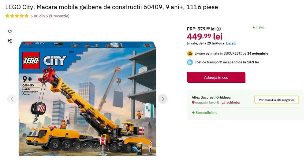 LEGO City: Macara mobila galbena de constructii 60409, 1.116 piese