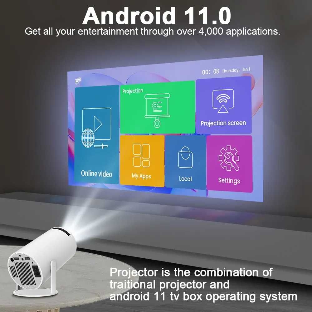 Андроид 11 Проектор 4К Домашно кино до 4 метра картина 200ANSI лумена