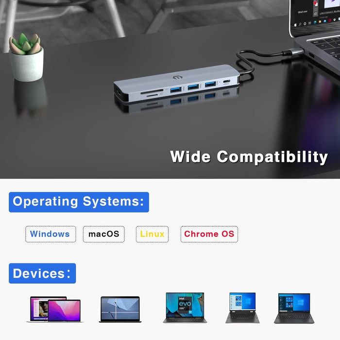 7-в-1 USB-C хъб с HDMI, USB-A,SD/TF и PD–универсален адаптер за лаптоп