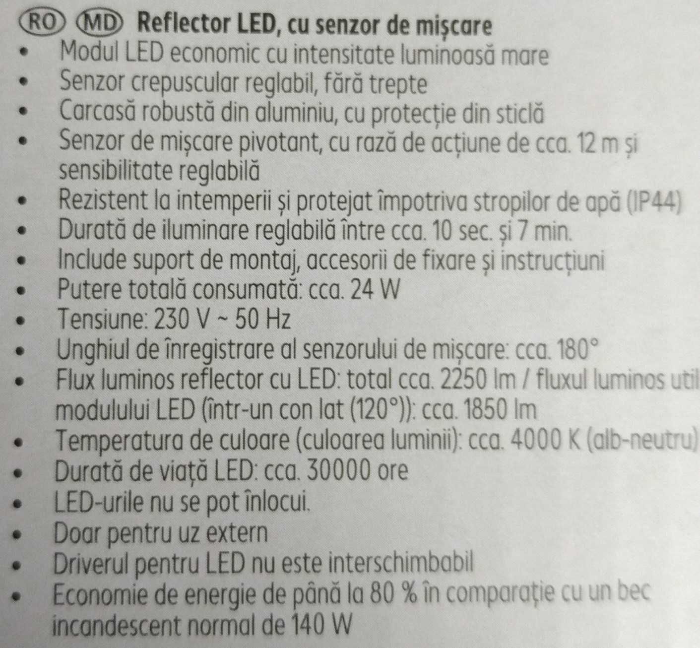 Reflector LED cu senzor de miscare, 24W