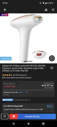 Epilator IPL Philips Lumea SC1997/00, 250.000 impulsuri, senzor piele,