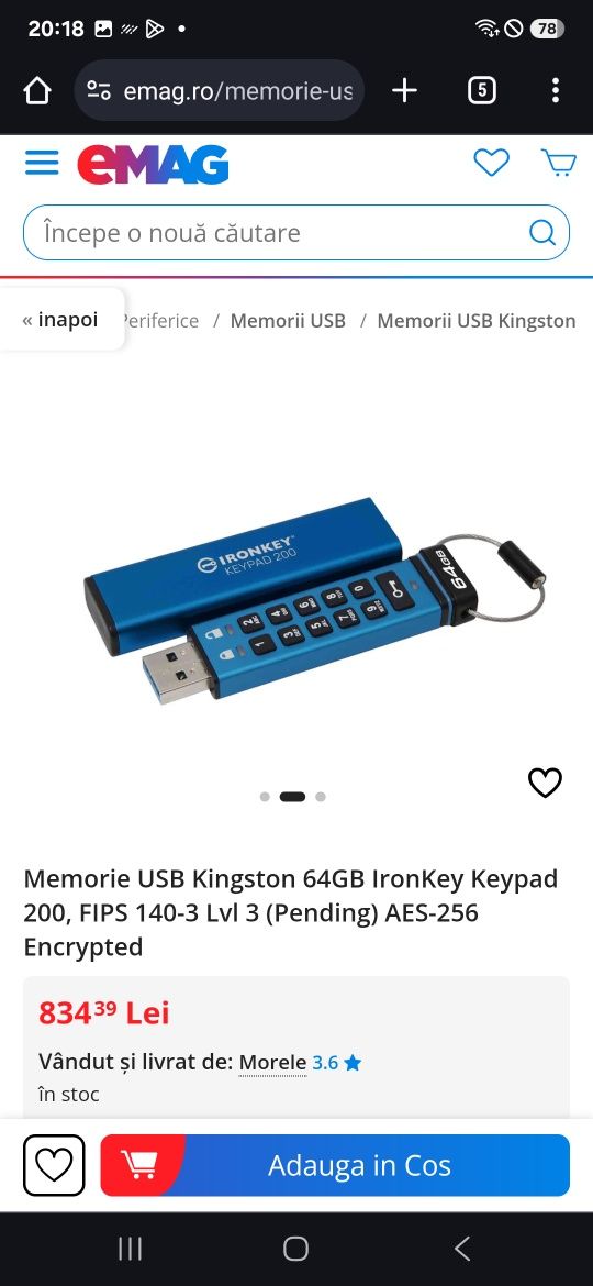 Memorie USB Kingston 64GB IronKey Keypad 200, FIPS 140-3 Lvl 3 (Pendin