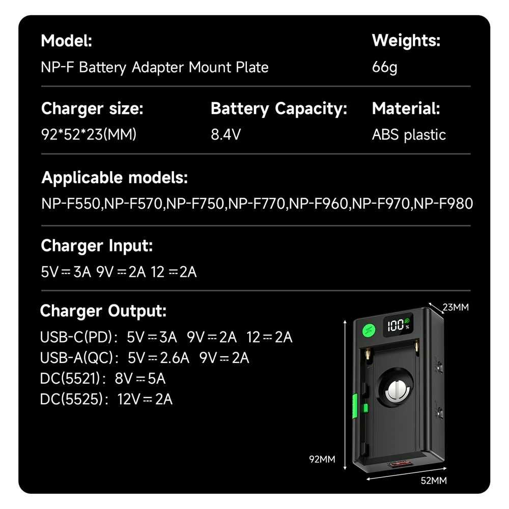 Адаптерна плочка за батерии NP-F570 NP-F770 NP-F970 с LED дисплей