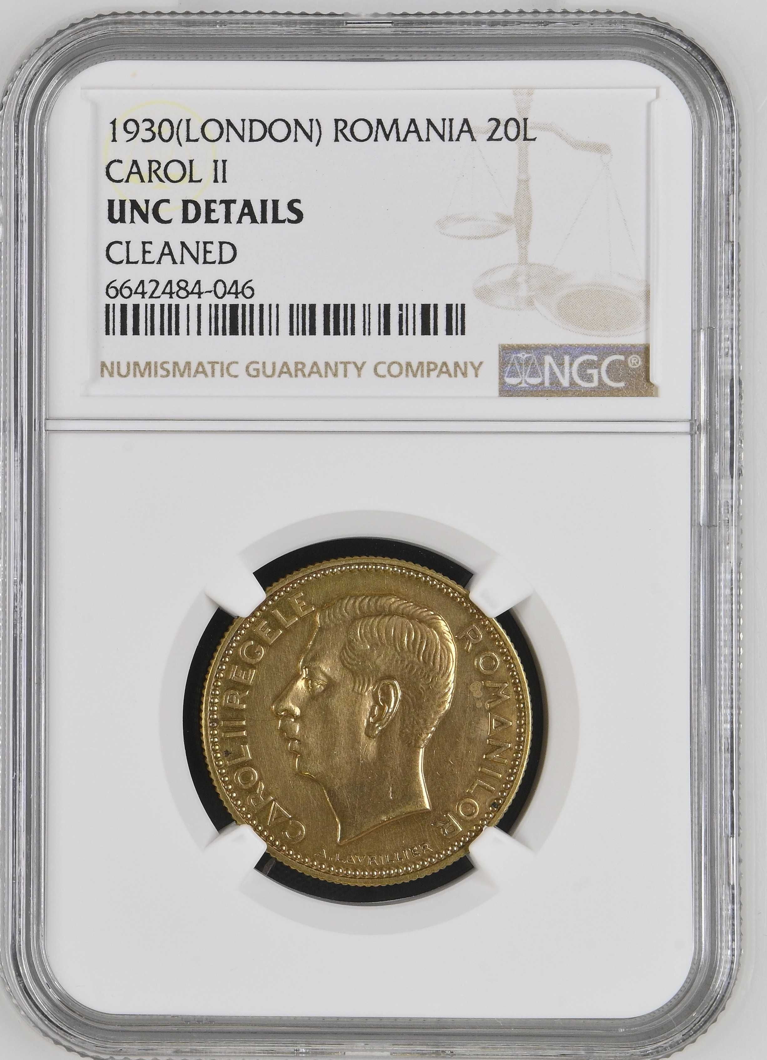 20 lei 1930 (kn-Paris-Londra) Caroll 2 NGC  UNC Details