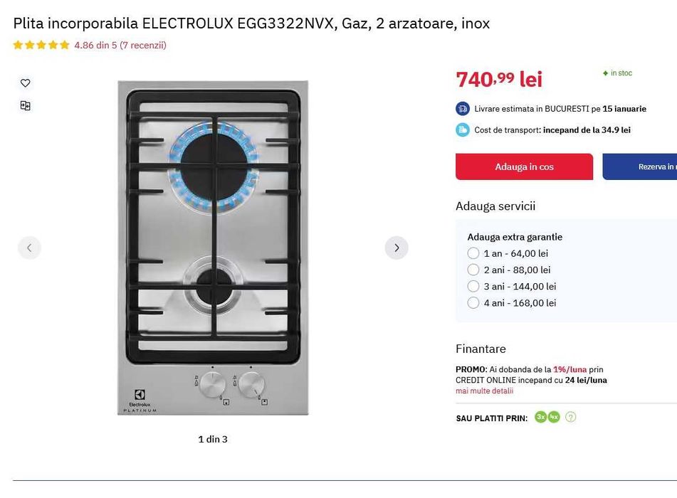 Plita incorporabila gaz ELECTROLUX din inox, Gaz, 2 arzatoare, ca NOUA