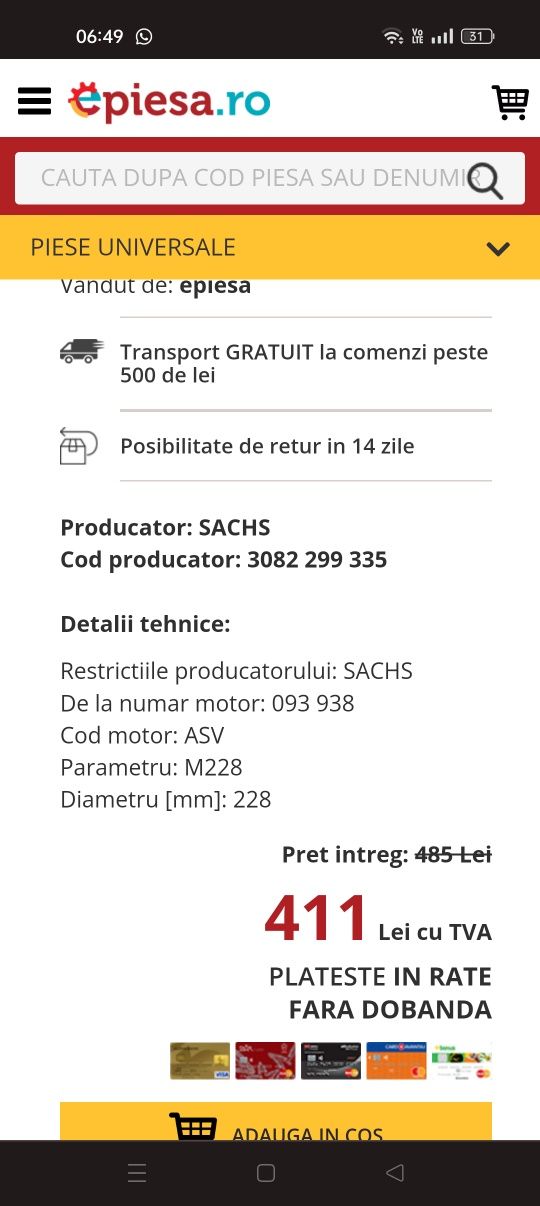 Placa presiune NOUA Sachs / masa simpla / 1.9 TDI