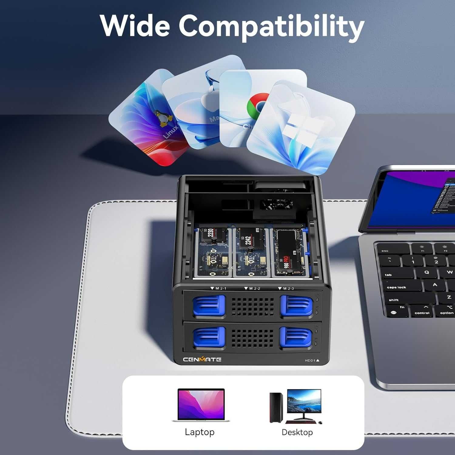 Cenmate хибриден корпус за 2.5/3.5" твърд диск+3*M.2 NVMe с вентилатор