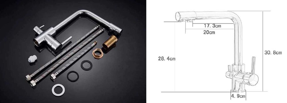 Baterie cu 3 căi pentru chiuvetă, apă rece, apă caldă și apă filtrată