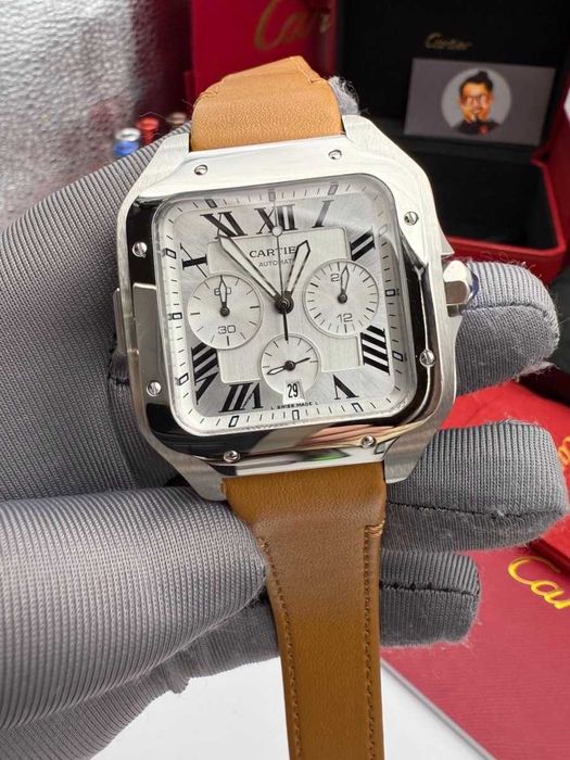 cartier santos 100 сребриста / кафява каишка