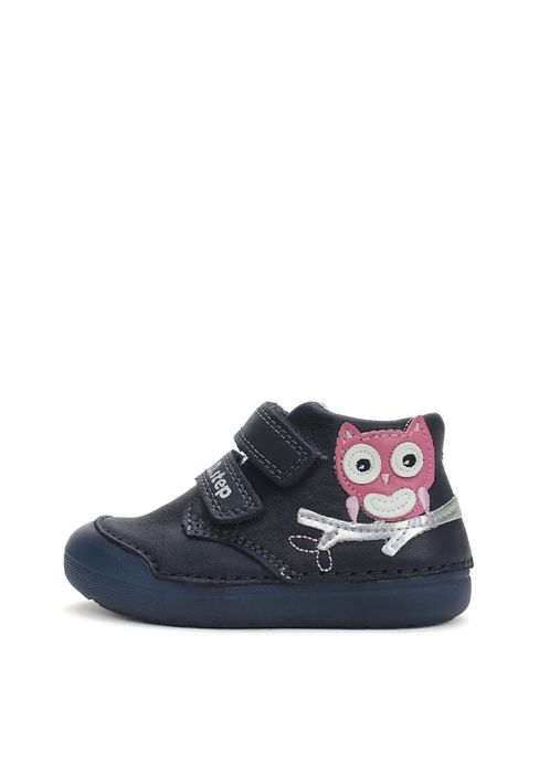Pantofi copii, piele naturala, talpa fosforescenta, bleumarin, bufnita