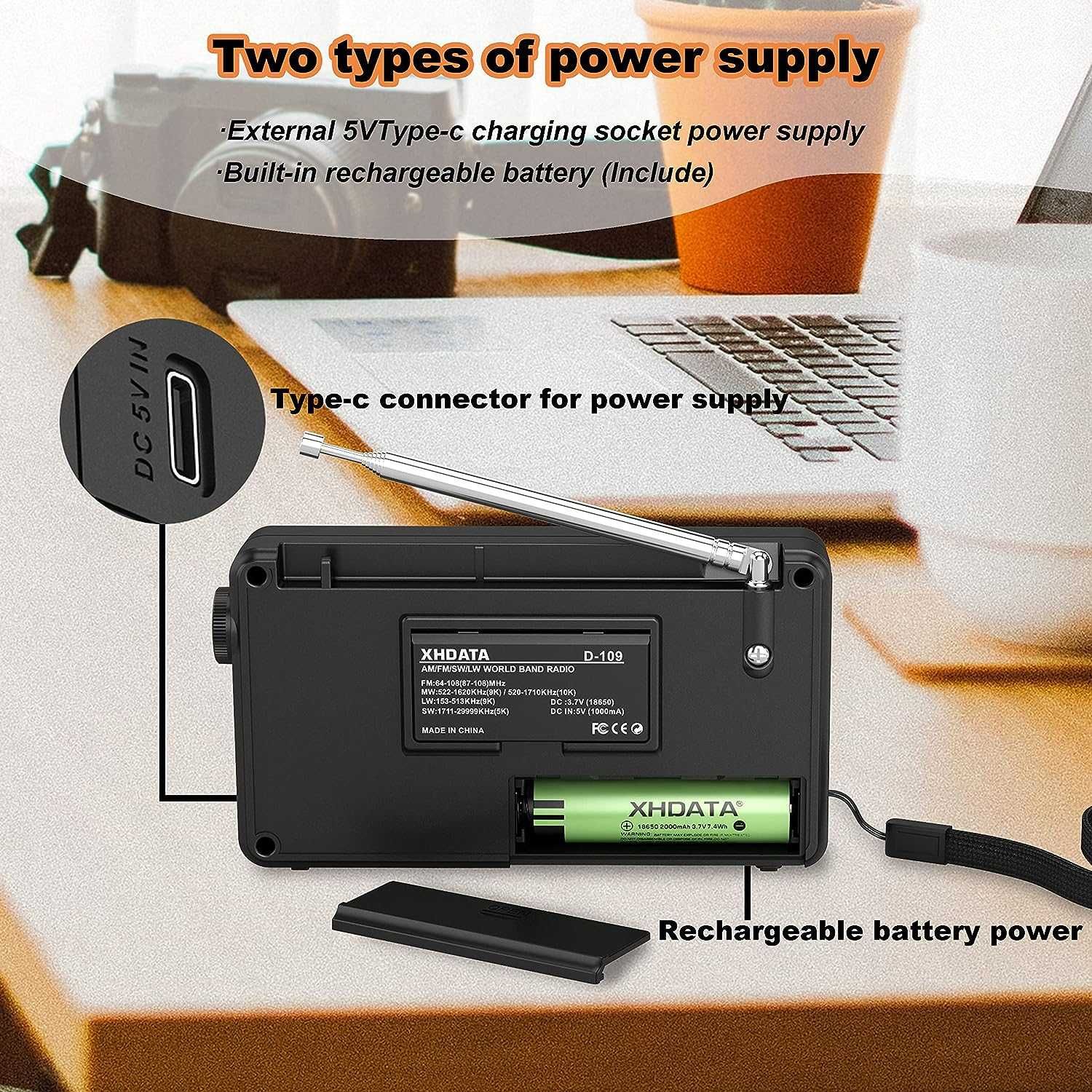 XHDATA D109WB портативен World радиоприемник,с Bluetooth,SD Card Slot