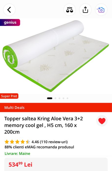Topper saltea Kring Aloe Vera 3+2 memory cool gel , H5 cm, 160 x 200cm