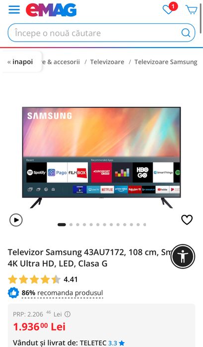 MDM vinde: Televizor Samsung 43AU7172, 108cm, 4K, Smart.