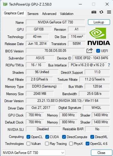 Placa video Asus GT 730 2 Gb/128biti DDR3.