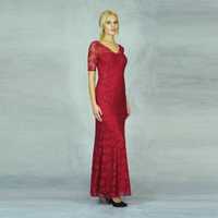Официална елегантна дълга червена дантелена дамска рокля