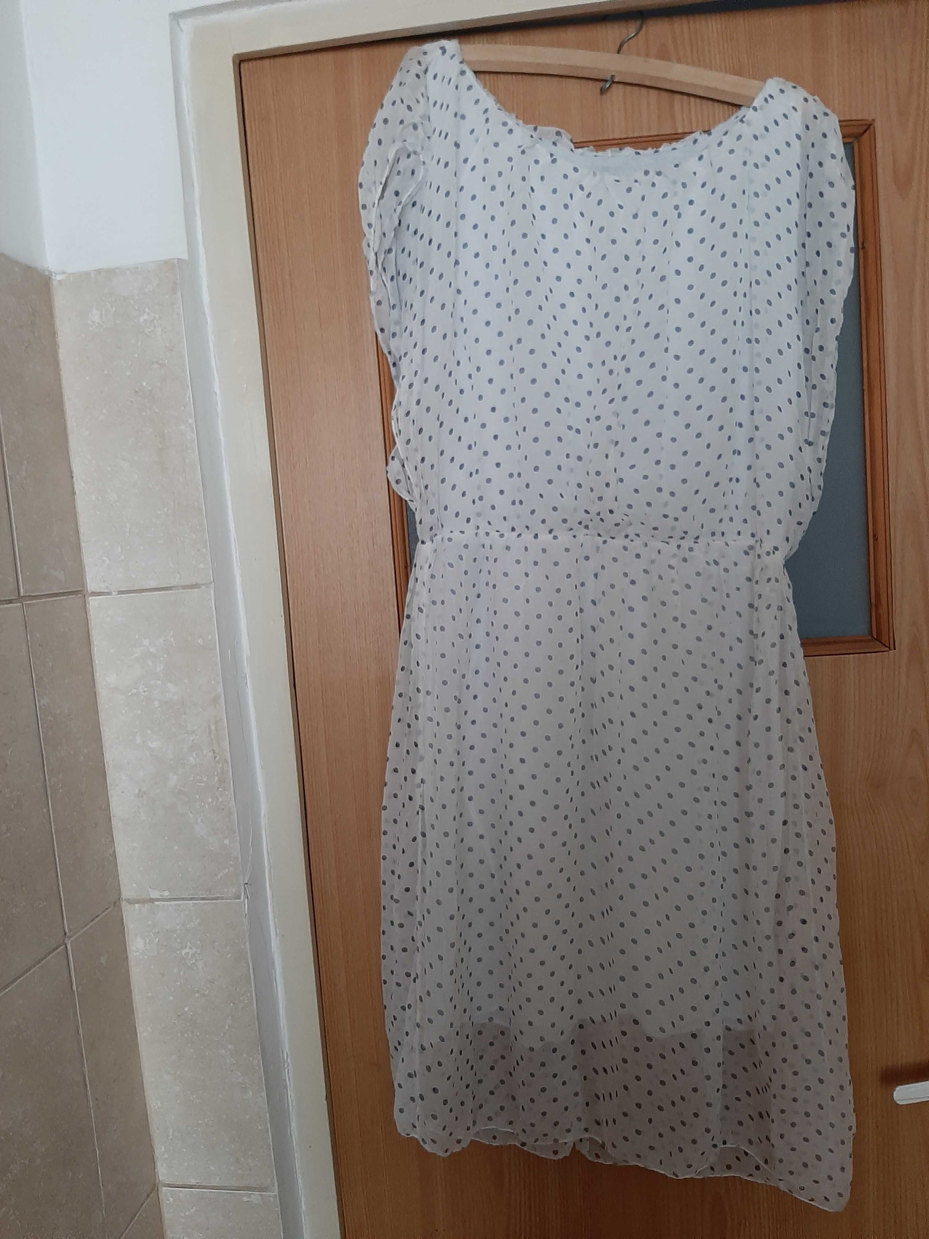 Rochie de vară, albă cu buline albastre, mătase, măr M