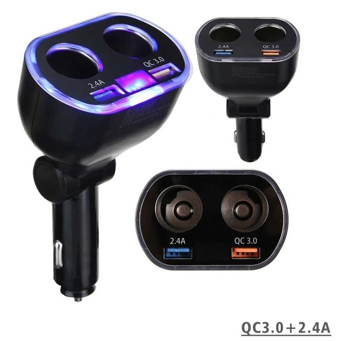 Зарядно Разклонител за запалка с 2 гнезда, 2 USB, Волтметър А3644