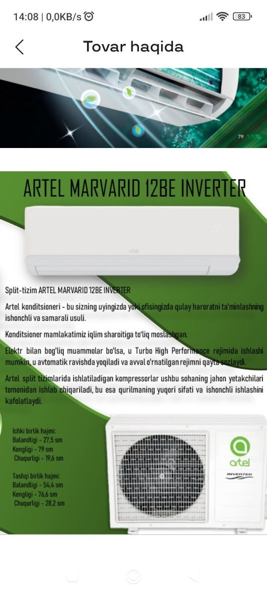 Artel Konditsioner 12 Marvarid INVERTER