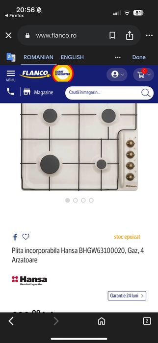 Plita incorporabila Hansa BHGW63100020, Gaz, 4 Arzatoare