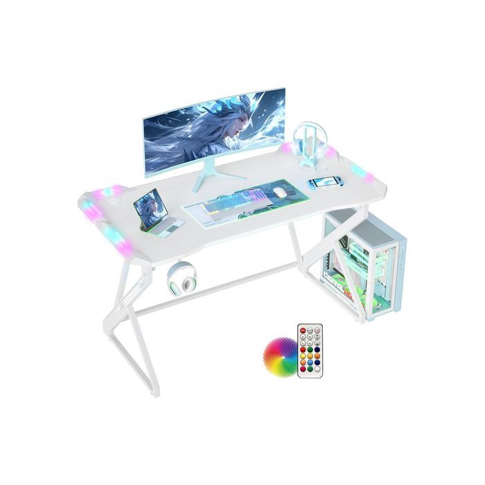 Birou gaming 100x60 cm cu LED RGB, structură Z, blat carbon alb
