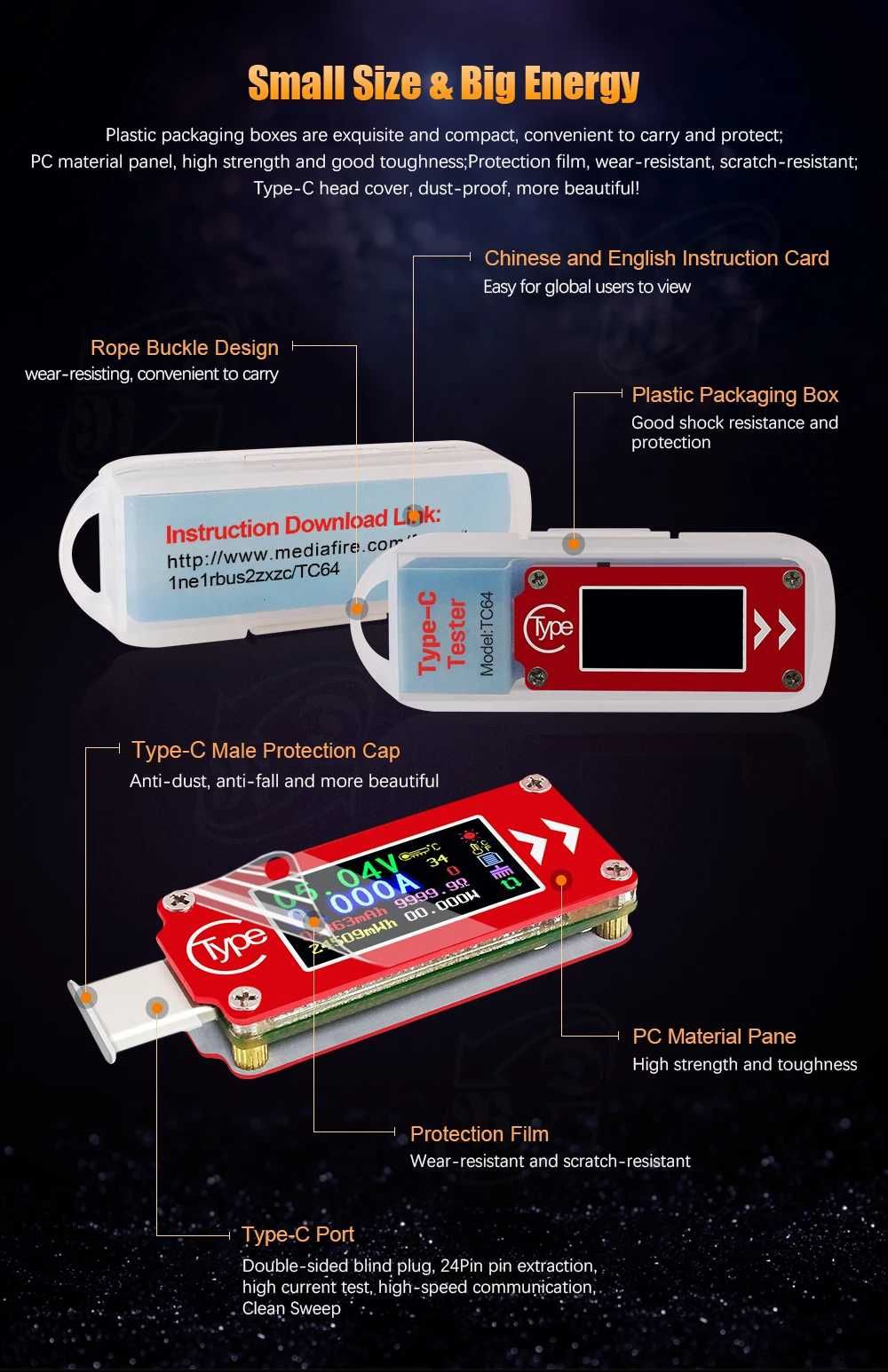 USB Tester TC64 Type-C Color LCD Voltmeter Meter Multimeter тестер