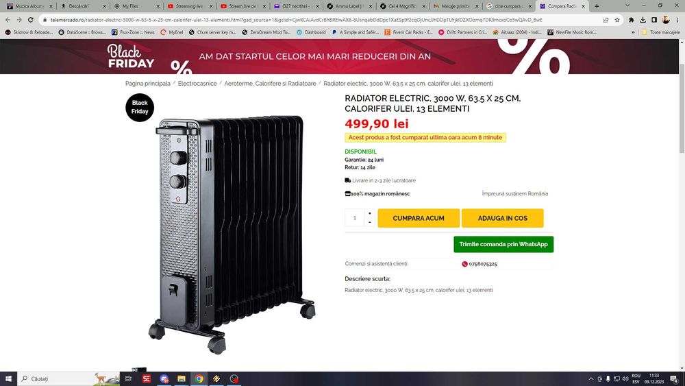 RADIATOR ELECTRIC, 3000 W, 63.5 X 25 CM, CALORIFER ULEI, 13 elementi