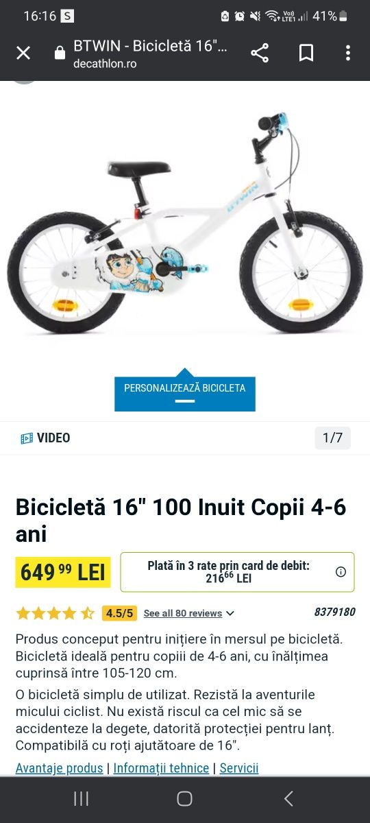 Bicicleta copii B'twin Astronaut 16" 4-7ani