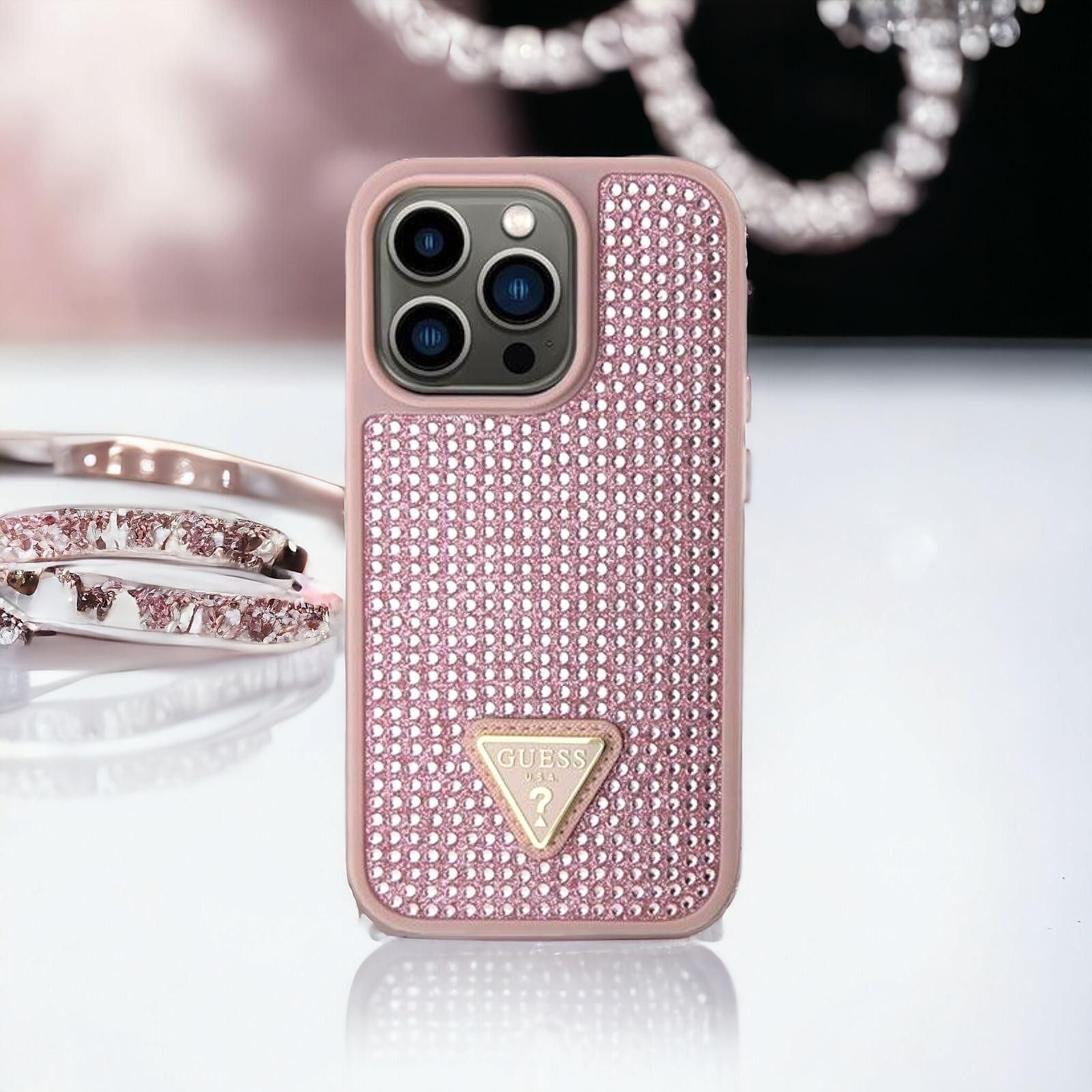 Кейс guess rhinestone triangle за iphone 14 pro 6.1" pink