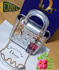 Geanta  silver Dior Lady mini  accesorii metalice  saculet, eticheta