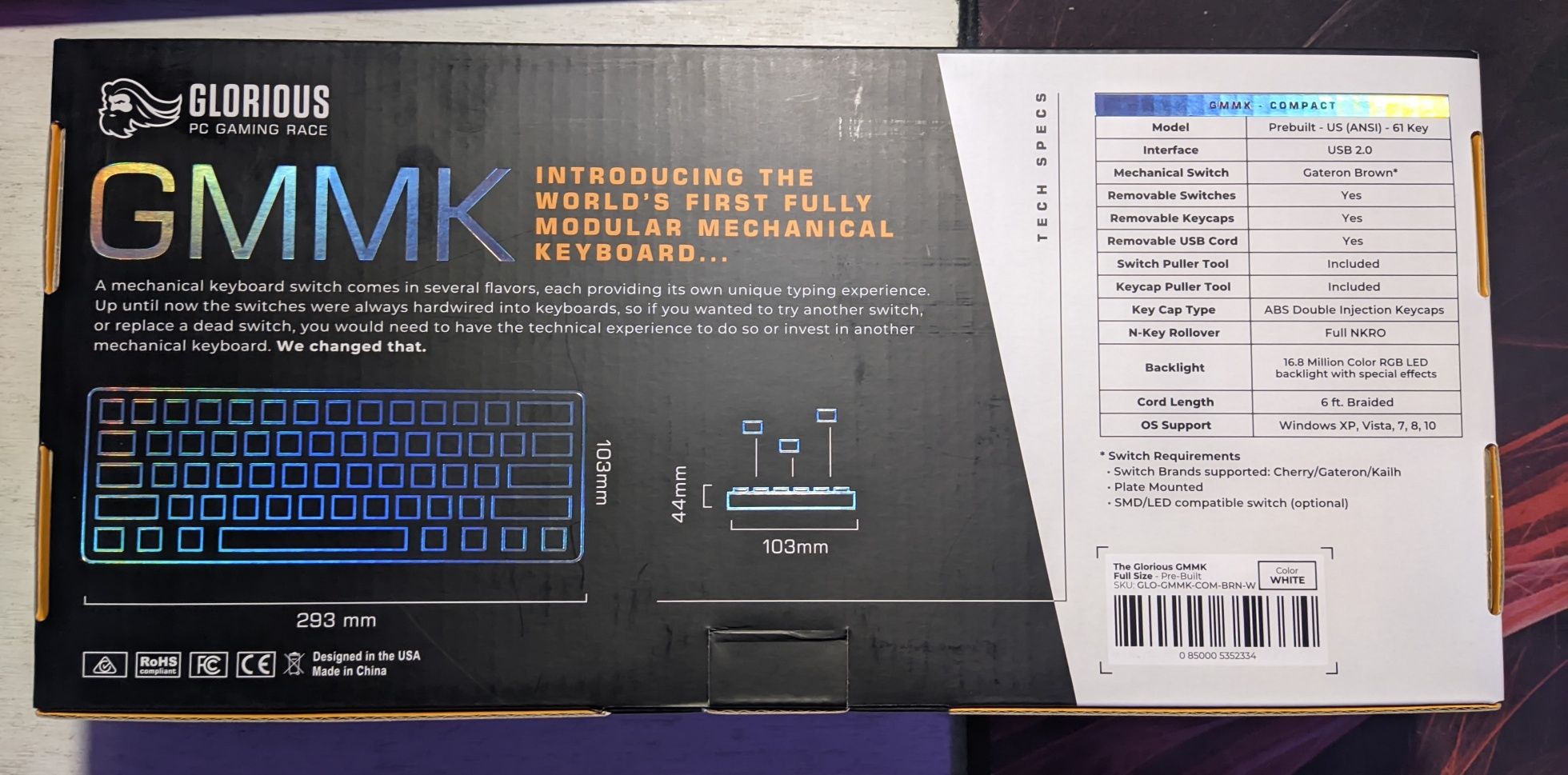 НОВА Геймърска механична клавиатура Glorious GMMK Compact, RGB Gateron