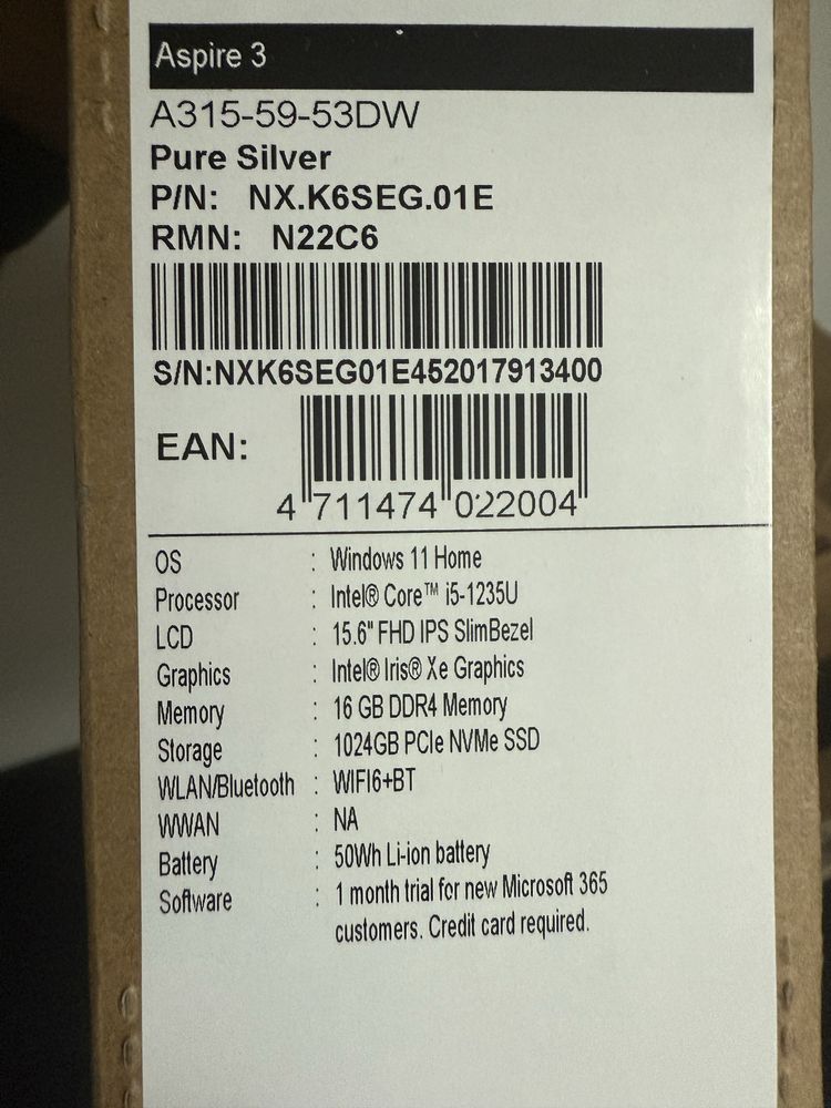 Laptop Acer Aspire 3 i5-1235U, 16Gb/1TB, Sigilat