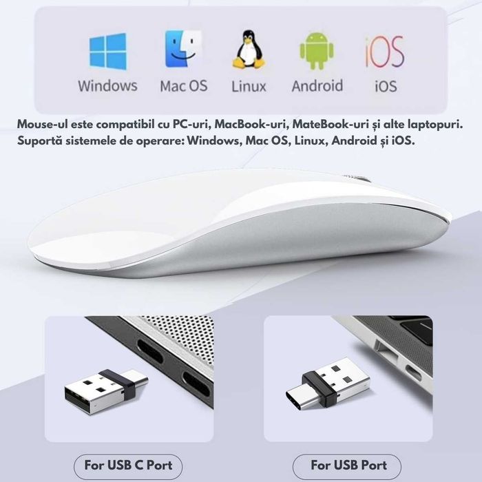 Mouse Wireless, Dual Mode Bluetooth 5.1 & 2.4GHz, Reincarcabil USB-C