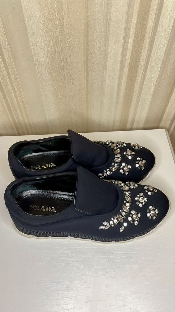 Adidasi Prada sport slip On din panza albastra cu cristale