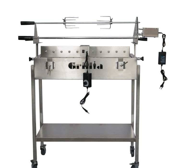 Grătar carbune BBQ FULL INOX 3 rotiserie in triunghi si 11 frigarui