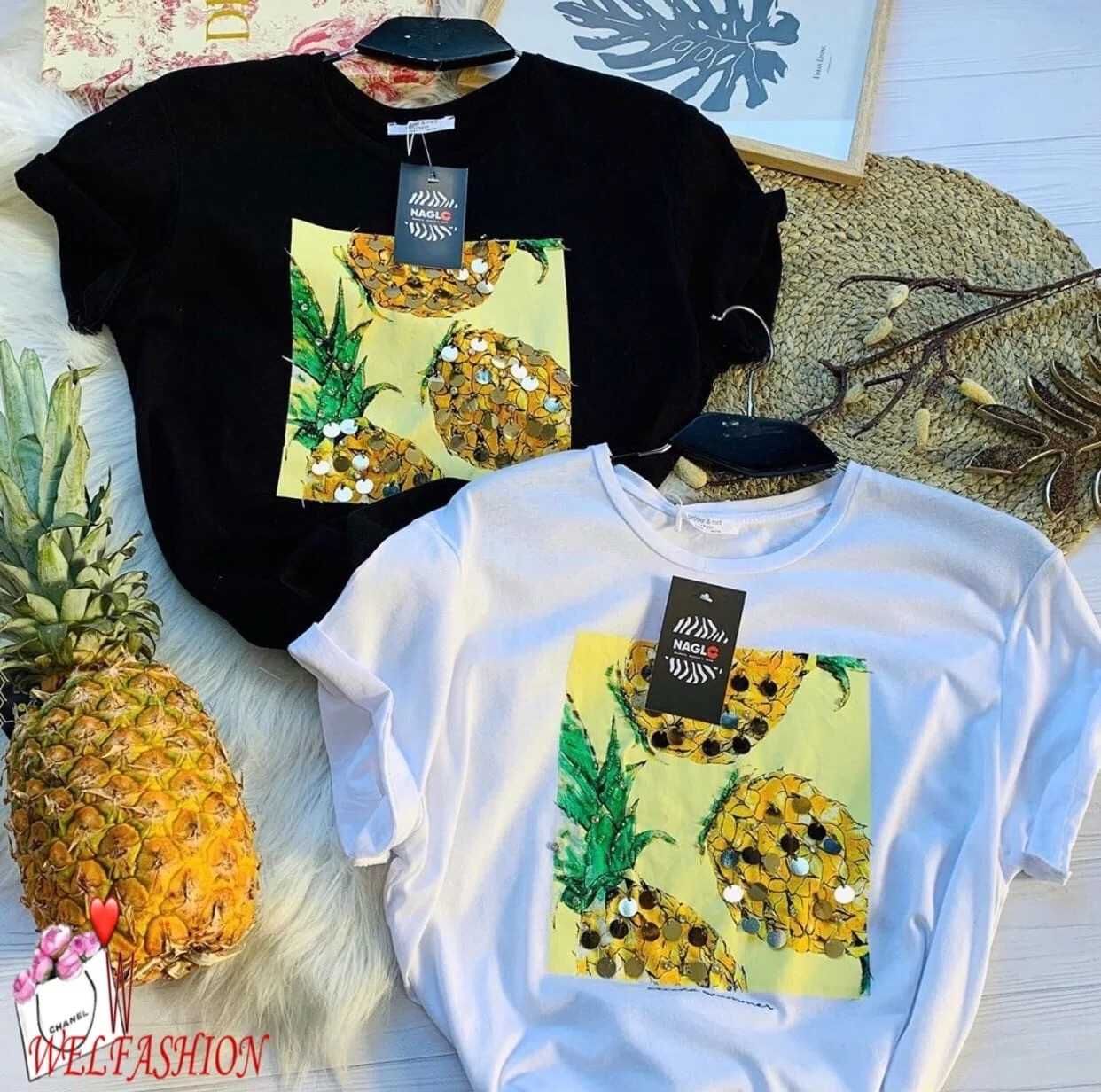 Тениска с мече от пайети,цветна, ананас,лимони,3D цветя И Мики Маус
