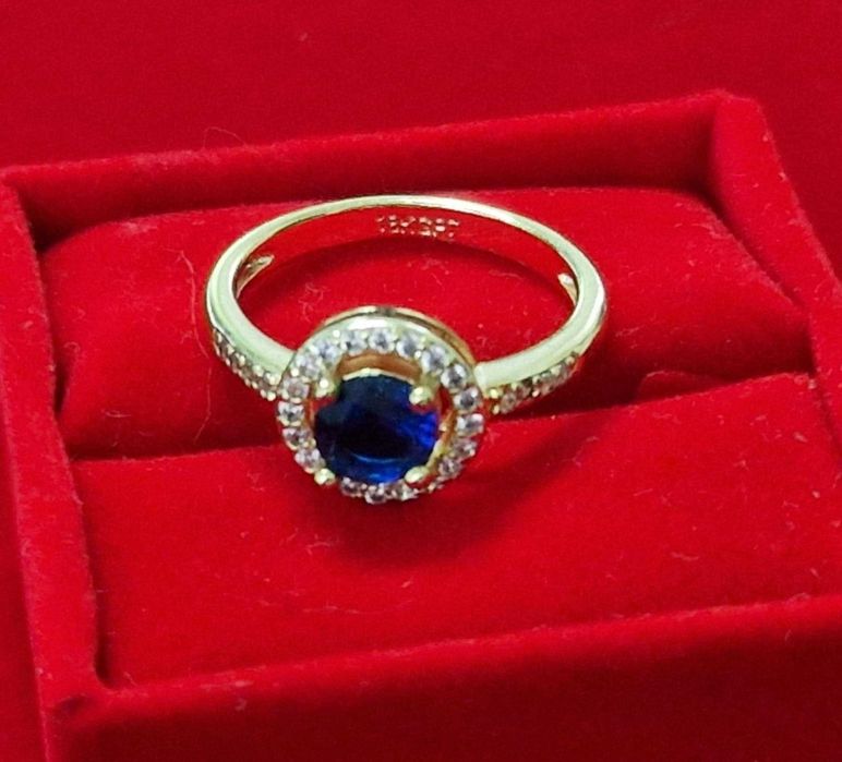 GR32,inel placat aur 18k, zirconiu alb/safir, deosebit,nou/marcat