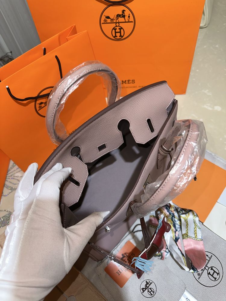 Geanta dama hermes birkin 35cm nude cu accesorii argintii cadou c:30