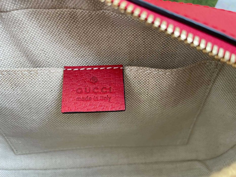 Гучи Бежова чанта Apple Принт Оригинална Gucci Червена Дръжка Gold GG