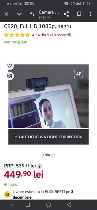 Cameră web Logitech HD Pro 920