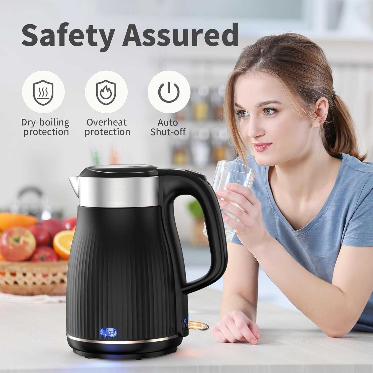 OMISOON Електрическа кана от неръждаема стомана 1,8 л,1500-1800W,черна