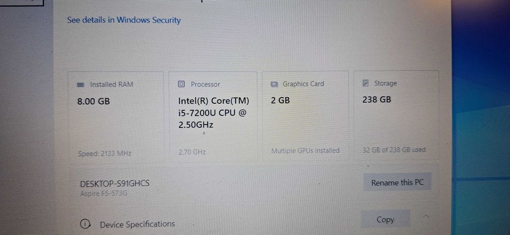 Laptop Acer Aspire 16” i5-7200 8GB Ram SSD+HDD Video 940MX 2GB DVDrw